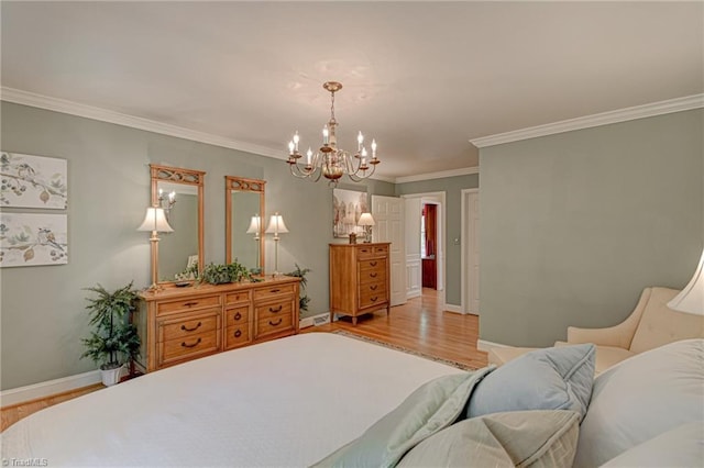 bedroom featuring crown molding, baseboards, an inviting chandelier, and light wood-style flooring