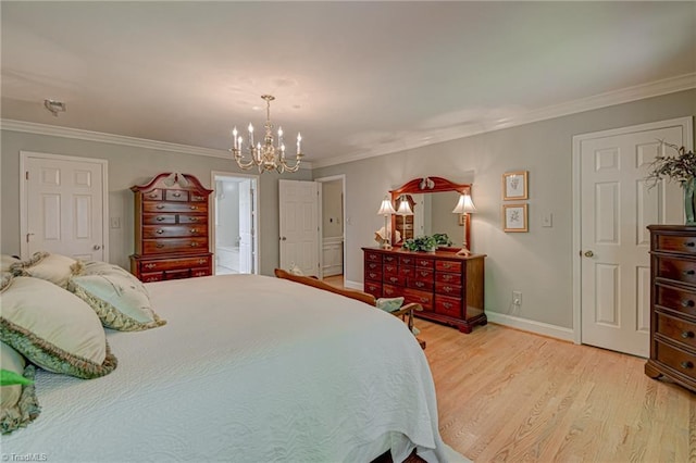 bedroom featuring crown molding, baseboards, a chandelier, and light wood-style floors