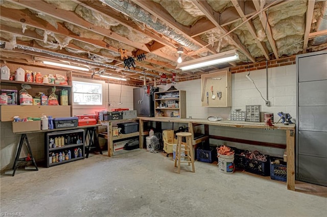 basement with concrete block wall and a workshop area