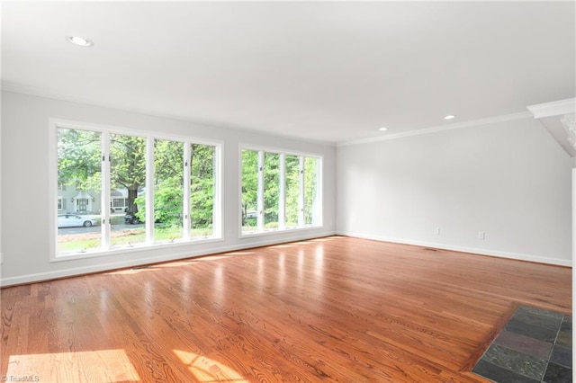 unfurnished living room with plenty of natural light, ornamental molding, and baseboards