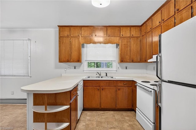 6006 Dehaven Rd, Pleasant Garden, NC 27313 - kitchen featuring white appliances, open shelves, a baseboard radiator, and brown cabinets