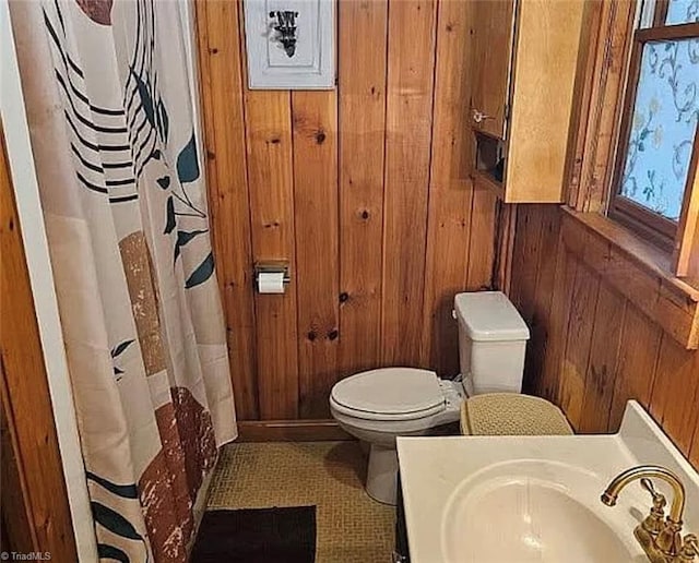 1715 Alfred Hartley Rd, Lenoir, NC 28645 - full bathroom featuring wooden walls, toilet, a shower with curtain, vanity, and tile patterned floors