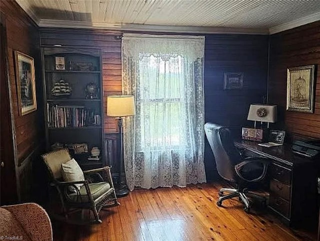1715 Alfred Hartley Rd, Lenoir, NC 28645 - home office with crown molding, hardwood / wood-style floors, and wooden walls