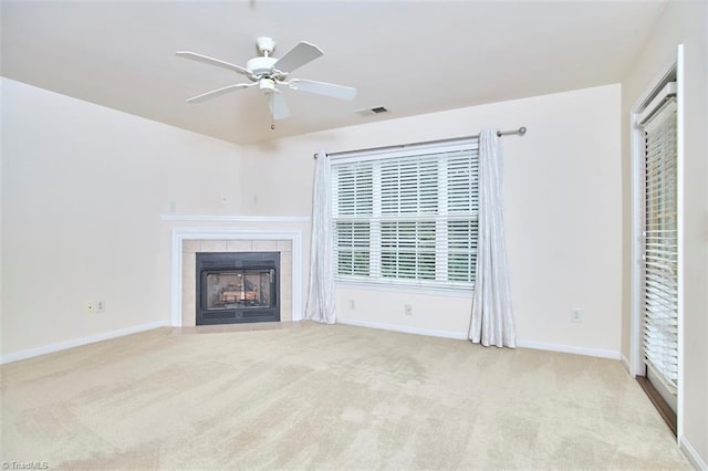 4712 Brighton Park Dr Unit 1B, Winston-Salem, NC 27103 - unfurnished living room featuring baseboards, a fireplace, carpet, and ceiling fan