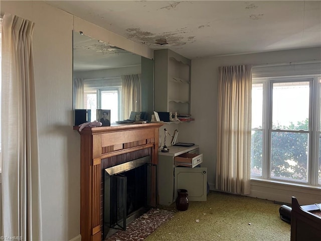 living room featuring a fireplace