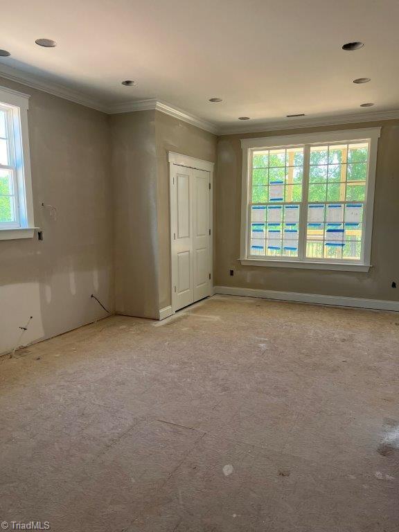 spare room featuring light colored carpet and ornamental molding