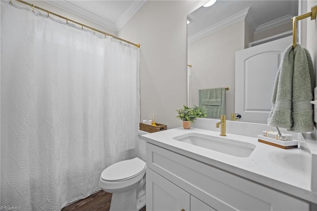 4944 Little Store Rd, Mcleansville, NC 27301 - bathroom featuring crown molding, toilet, vanity, wood finished floors, and a shower with curtain