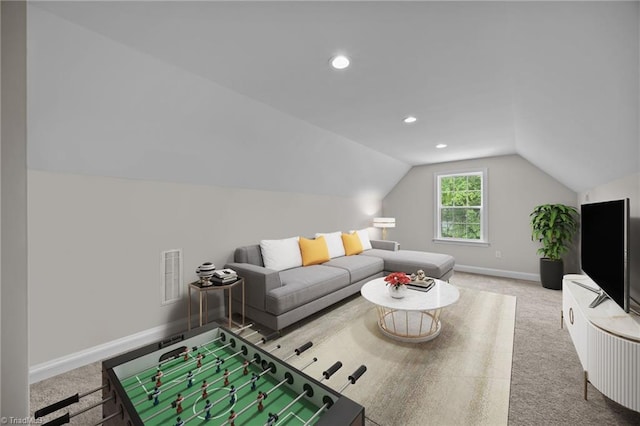 4944 Little Store Rd, Mcleansville, NC 27301 - living room featuring vaulted ceiling, baseboards, carpet, and recessed lighting