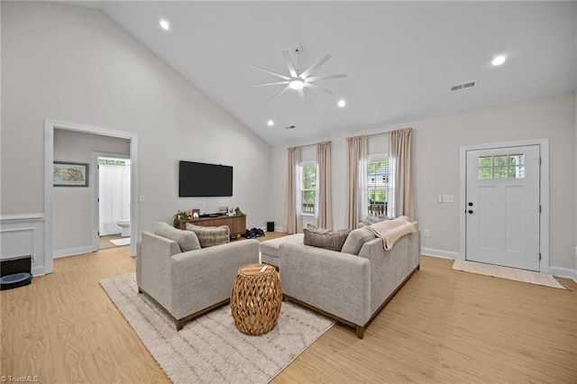 4944 Little Store Rd, Mcleansville, NC 27301 - living room with light wood finished floors, healthy amount of natural light, ceiling fan, recessed lighting, and high vaulted ceiling