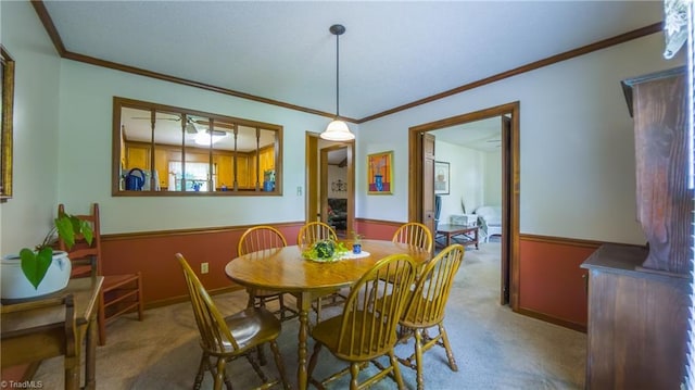 carpeted dining area with crown molding and wainscoting