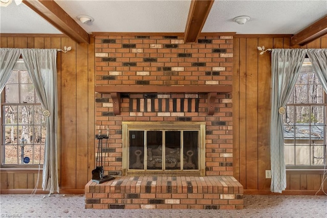 401 Joyce Rd, Hillsborough, NC 27278 - interior details with wooden walls, beam ceiling, carpet, and a textured ceiling