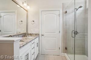 2834 Fallin Ct, High Point, NC 27262 - bathroom featuring a shower stall, double vanity, and tile patterned floors