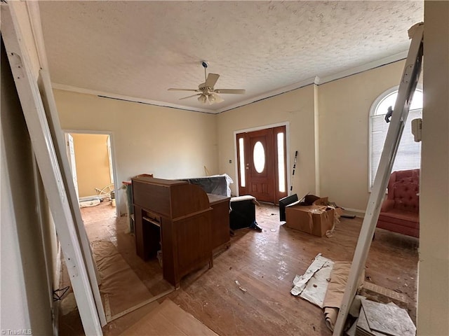 entrance foyer featuring ceiling fan, crown molding, light wood-style flooring, and a textured ceiling