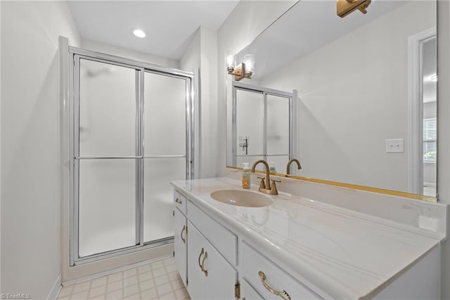 211 Forestview Dr, Elon, NC 27244 - bathroom with vanity, a stall shower, and tile patterned floors
