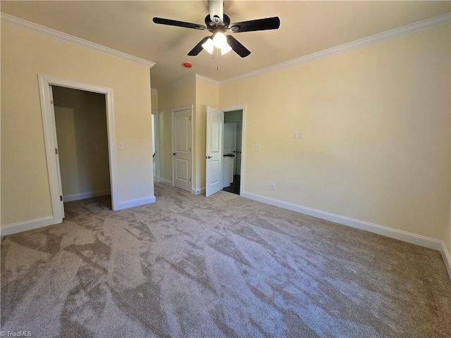 unfurnished bedroom with ceiling fan, light colored carpet, and ornamental molding