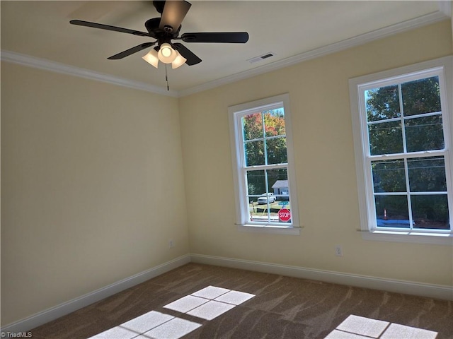 spare room featuring carpet flooring, ceiling fan, and crown molding