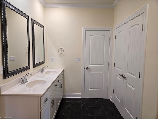 bathroom with vanity and crown molding