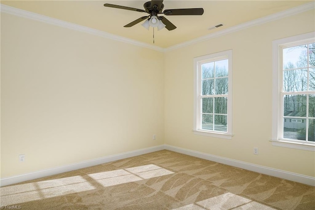 carpeted spare room featuring ceiling fan, crown molding, and a wealth of natural light