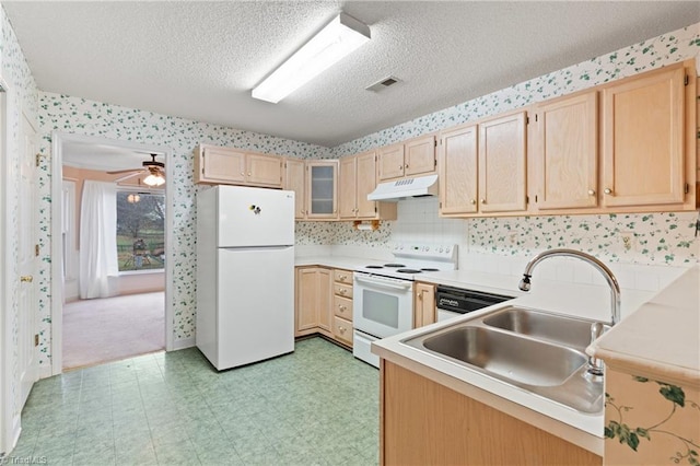 kitchen with white appliances, sink, and light brown cabinetry