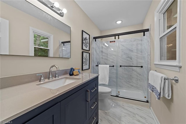 bathroom featuring vanity, toilet, and a shower with door