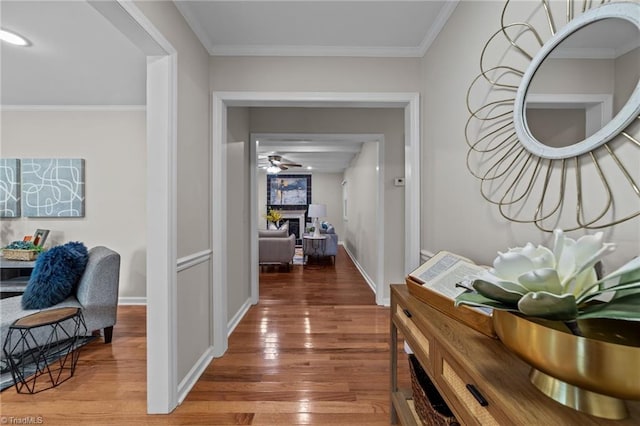 corridor featuring hardwood / wood-style floors and crown molding