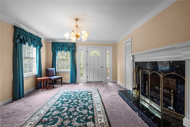 12088 Burlington Rd, Hurdle Mills, NC 27541 - carpeted entrance foyer with a chandelier, a premium fireplace, baseboards, and crown molding