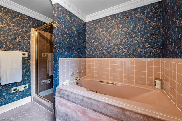 12088 Burlington Rd, Hurdle Mills, NC 27541 - full bathroom with wallpapered walls, a stall shower, ornamental molding, a bath, and tile patterned floors
