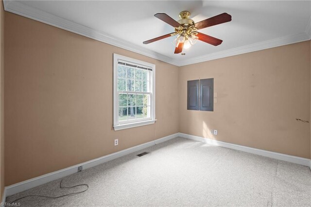 12088 Burlington Rd, Hurdle Mills, NC 27541 - carpeted spare room with crown molding, baseboards, and a ceiling fan