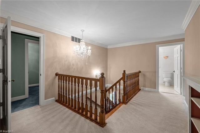 12088 Burlington Rd, Hurdle Mills, NC 27541 - staircase featuring carpet flooring, ornamental molding, a chandelier, and baseboards