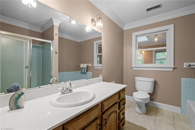 12088 Burlington Rd, Hurdle Mills, NC 27541 - bathroom featuring toilet, vanity, baseboards, a tub, and a stall shower