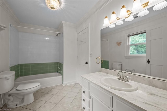 12088 Burlington Rd, Hurdle Mills, NC 27541 - bathroom with toilet, tile patterned flooring, shower / bath combination, vanity, and ornamental molding