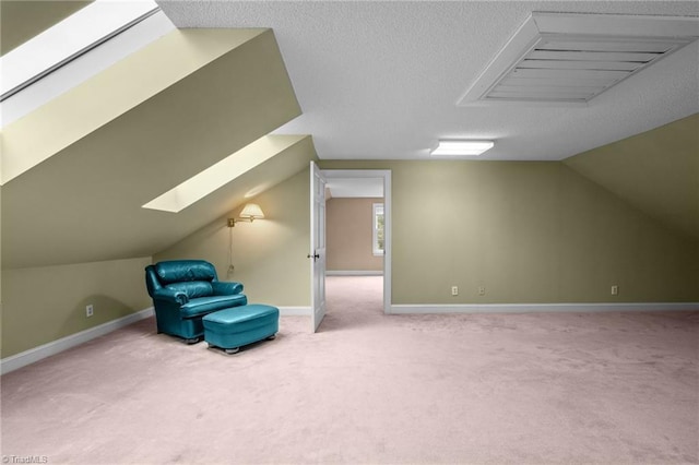 12088 Burlington Rd, Hurdle Mills, NC 27541 - additional living space with carpet, vaulted ceiling, baseboards, a skylight, and a textured ceiling