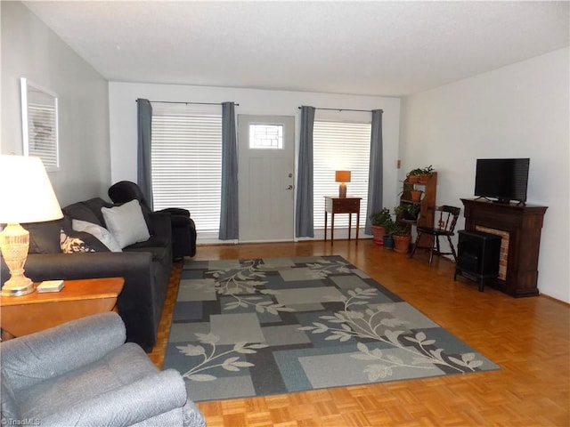 living room with parquet floors