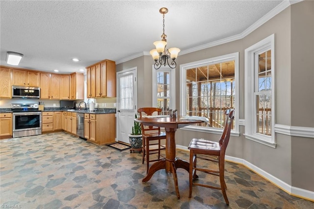 kitchen featuring dark countertops, baseboards, appliances with stainless steel finishes, and ornamental molding