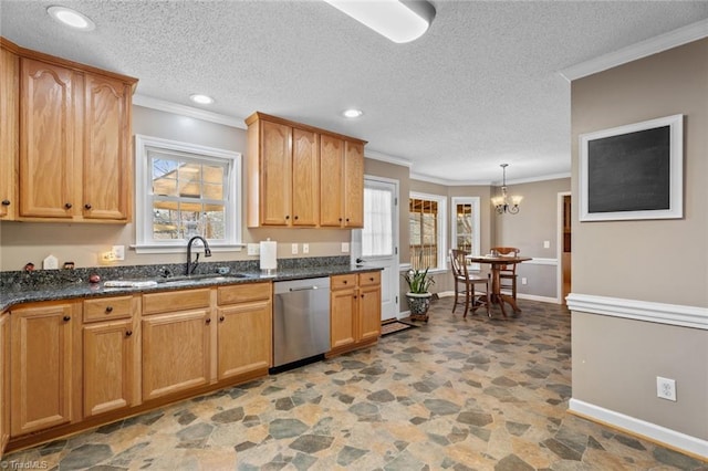 kitchen featuring stainless steel dishwasher, ornamental molding, plenty of natural light, and a sink