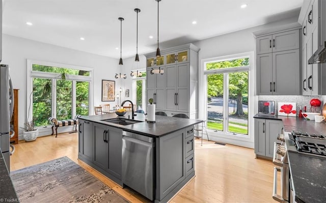 kitchen featuring a sink, gray cabinets, appliances with stainless steel finishes, and a wealth of natural light