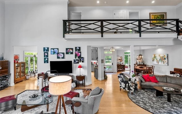 living area featuring ornamental molding, a high ceiling, and wood finished floors