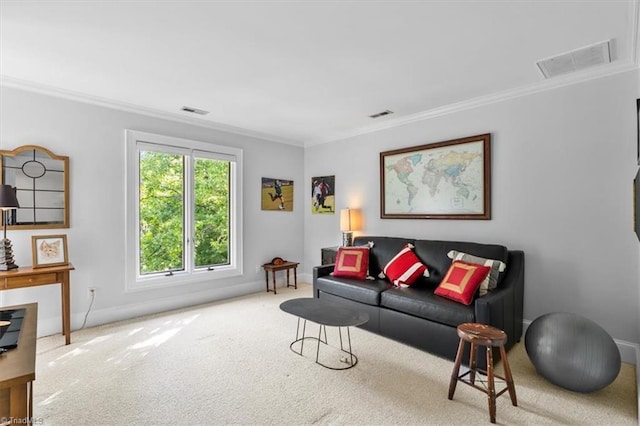 living room featuring carpet floors, visible vents, and ornamental molding