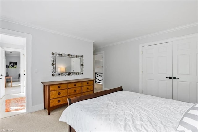 bedroom featuring crown molding, carpet floors, and a closet