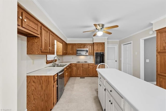 kitchen featuring brown cabinetry, appliances with stainless steel finishes, ornamental molding, light countertops, and a sink