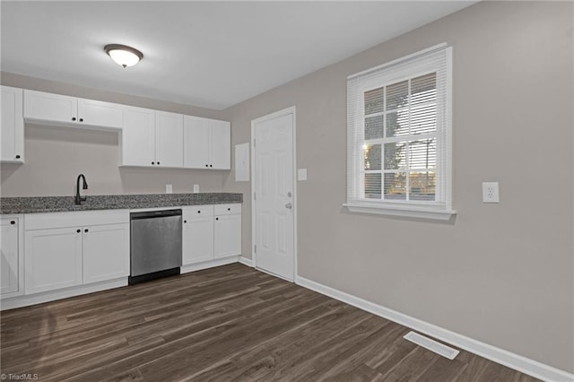 kitchen featuring dishwasher, dark hardwood / wood-style floors, and white cabinetry