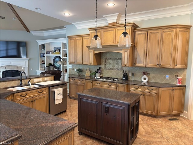 2863 Spencer Rd, Archdale, NC 27263 - kitchen featuring a sink, appliances with stainless steel finishes, crown molding, a center island, and pendant lighting