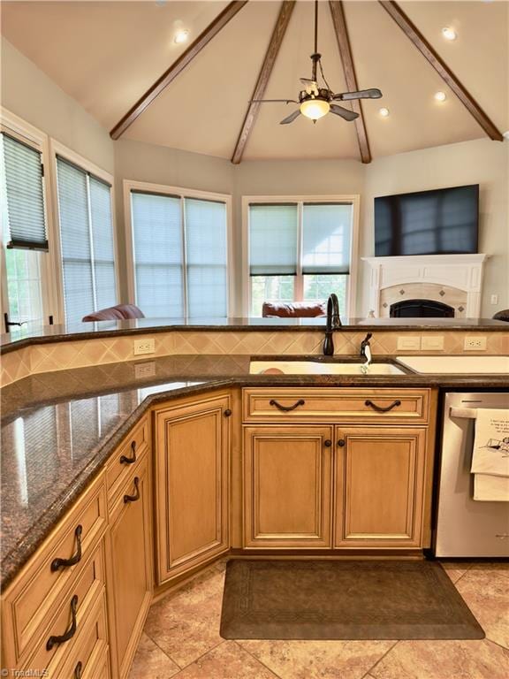 2863 Spencer Rd, Archdale, NC 27263 - kitchen with dishwasher, a sink, dark stone counters, tasteful backsplash, and ceiling fan