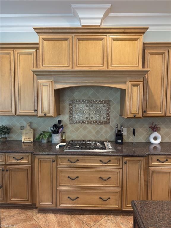2863 Spencer Rd, Archdale, NC 27263 - kitchen with tasteful backsplash, stainless steel gas stovetop, dark stone counters, and crown molding