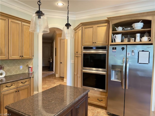 2863 Spencer Rd, Archdale, NC 27263 - kitchen with stainless steel appliances, arched walkways, ornamental molding, decorative backsplash, and dark stone counters