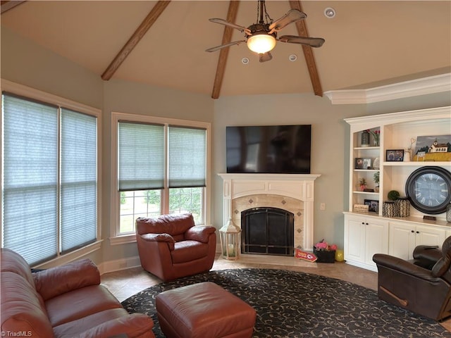 2863 Spencer Rd, Archdale, NC 27263 - living room with ceiling fan, a high end fireplace, beam ceiling, tile patterned floors, and high vaulted ceiling