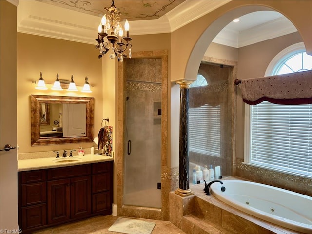 2863 Spencer Rd, Archdale, NC 27263 - bathroom with a tub with jets, vanity, ornamental molding, a stall shower, and a chandelier