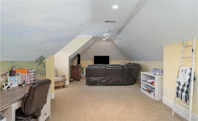 2863 Spencer Rd, Archdale, NC 27263 - office area with a ceiling fan, carpet flooring, vaulted ceiling, and baseboards