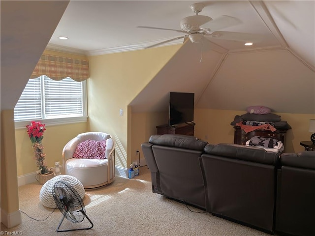 2863 Spencer Rd, Archdale, NC 27263 - living room featuring a ceiling fan, carpet floors, vaulted ceiling, recessed lighting, and baseboards