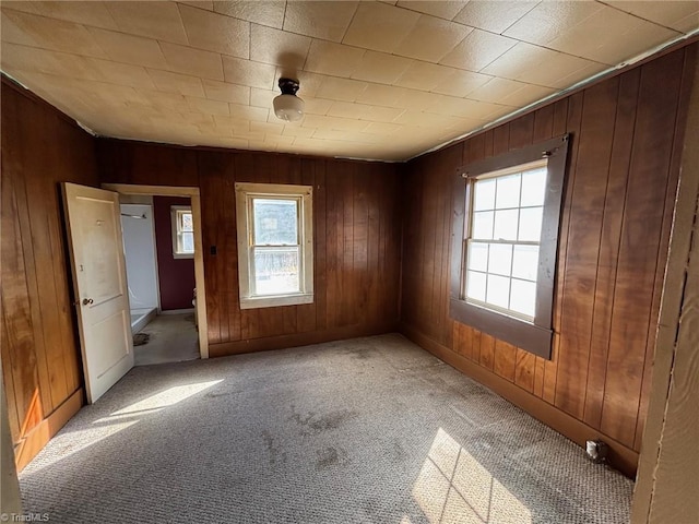 empty room with light colored carpet and wood walls